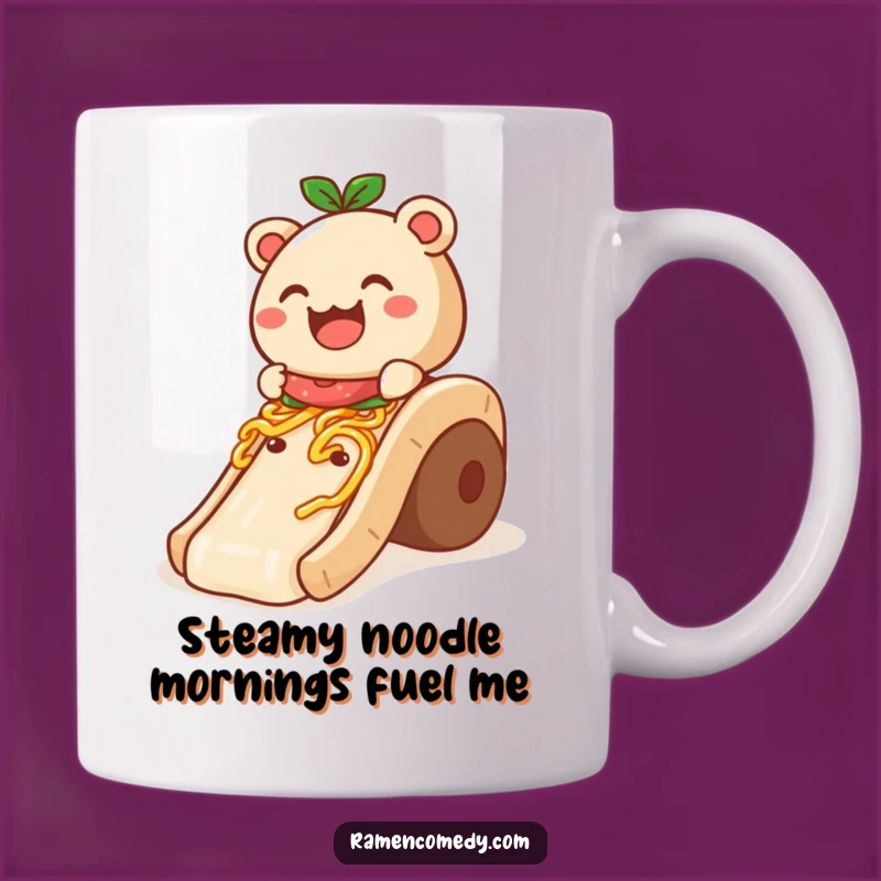 Funny Foodie Mug: Smiling Bao Bun on Noodle Slide, Hilarious Cartoon Style Funny Gift