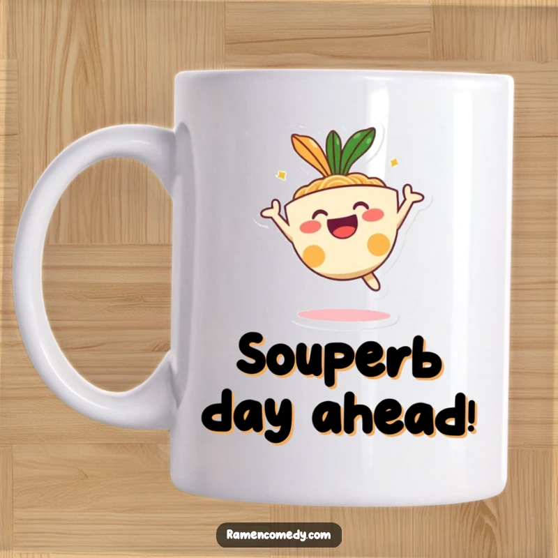 Funny happy ramen bowl character mid-air doing a joyful jump, cartoon food mug design.