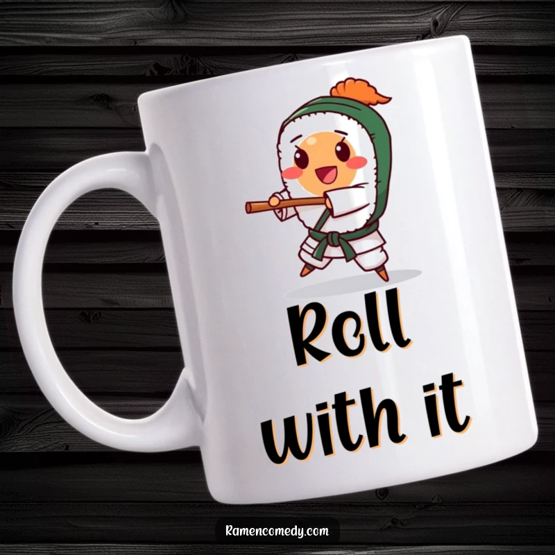 Funny happy sushi roll character mid-karate chop, energetic and playful. Hilarious foodie gift.