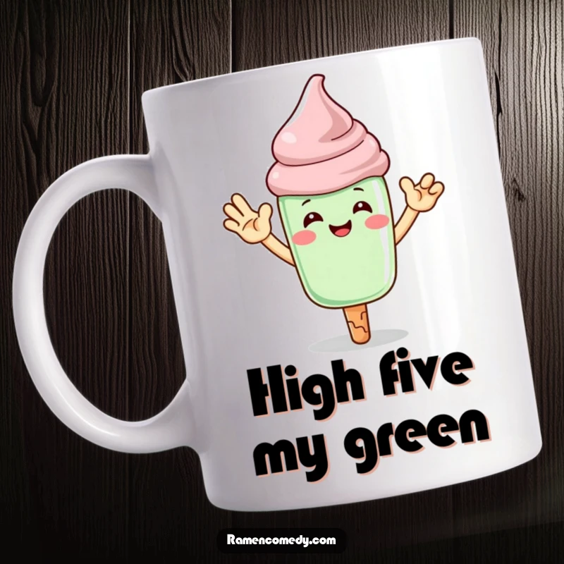 Funny matcha ice cream mug showing a cheerful character giving an enthusiastic high-five, perfect for dessert fans.