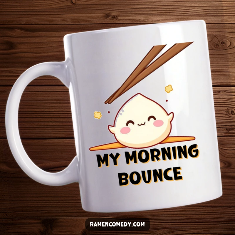 Funny Mochi Mug featuring a smiling mochi character joyfully bouncing between two giant chopsticks, perfect for a happy food lover.