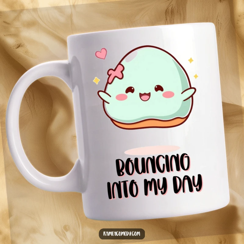 Funny Mug: A cute piece of mochi bounces energetically with pure, unadulterated glee, radiating happiness.