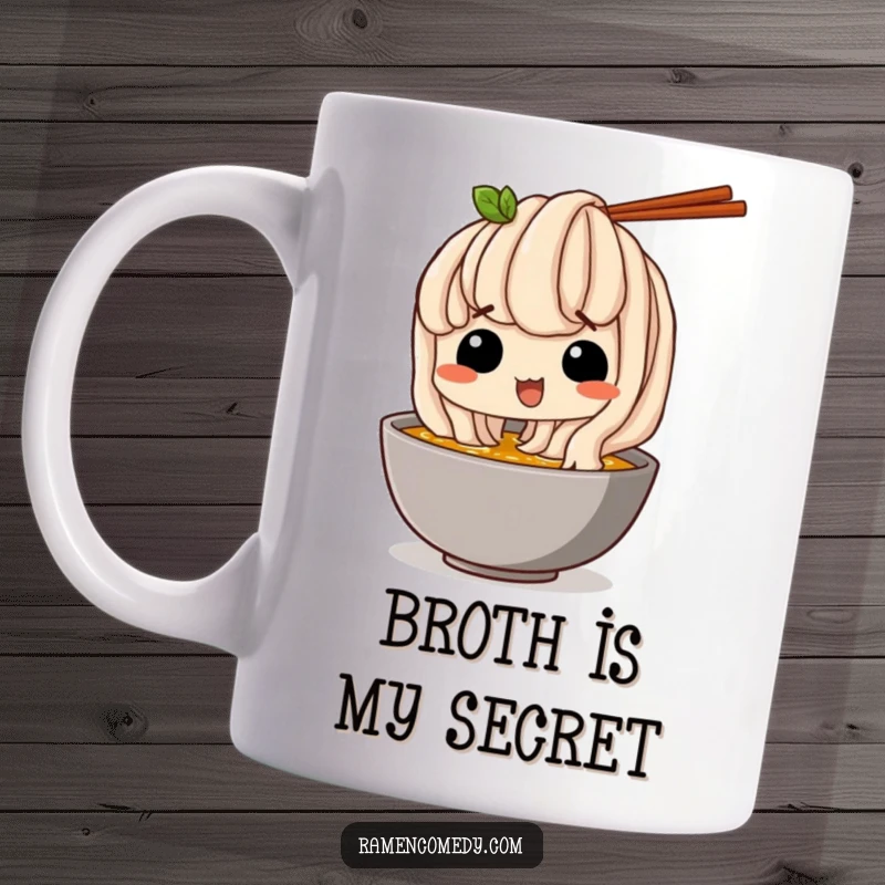 Funny Mug: A happy udon noodle comically sneaks a sip of delicious broth, looking delighted.