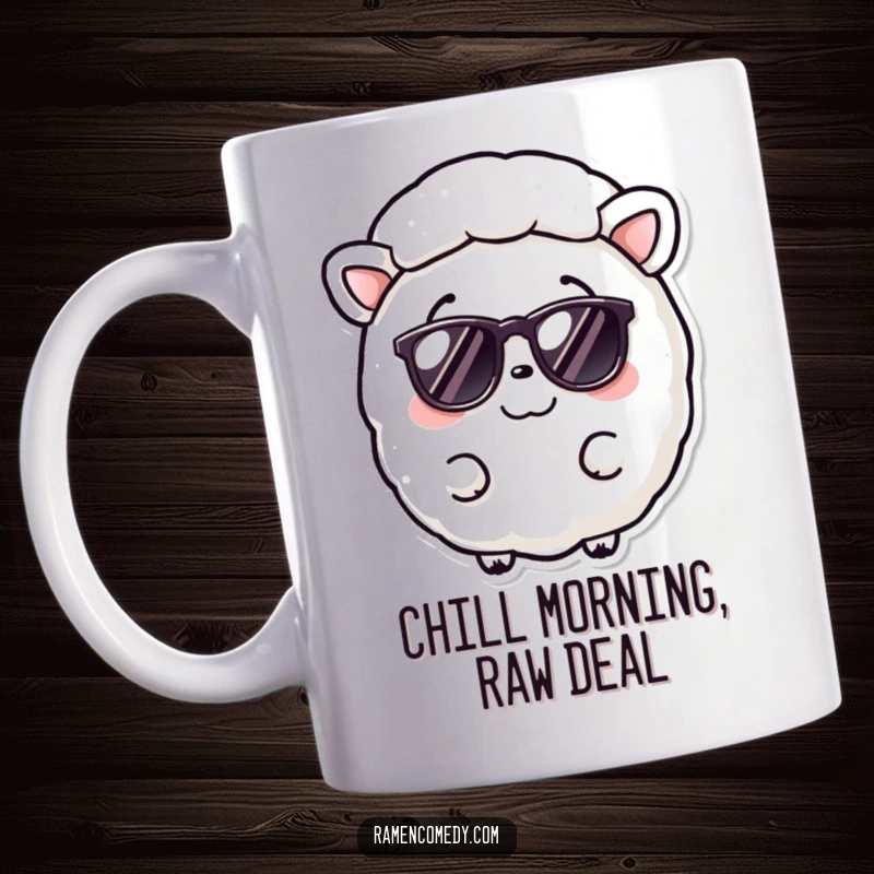 Funny Nori Sheet Mug featuring a smiling seaweed sheet wearing trendy tiny sunglasses, lounging coolly.