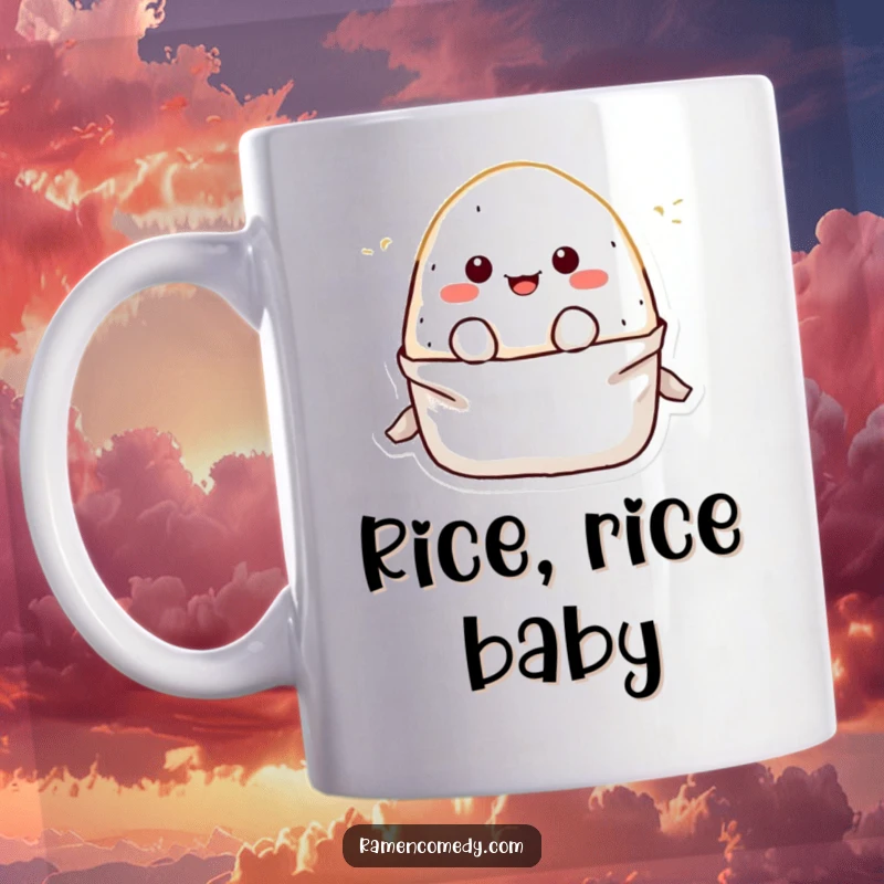 Funny Onigiri mug featuring a cute rice ball character joyfully popping out of its wrapper, ready to brighten your day.
