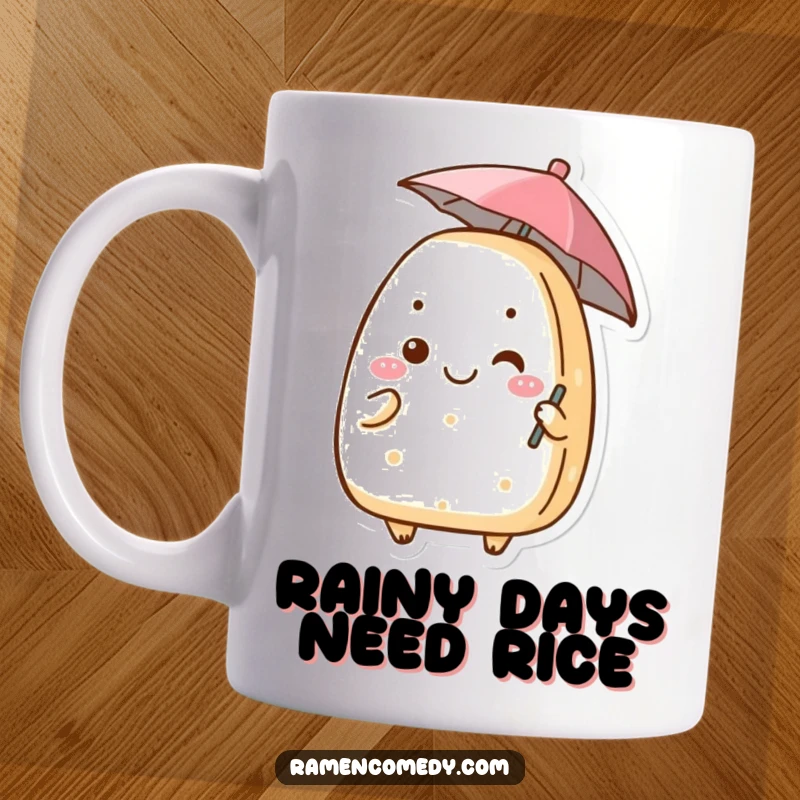 Funny onigiri mug with a grinning rice ball character holding a small, colorful umbrella, ready for rain or shine.