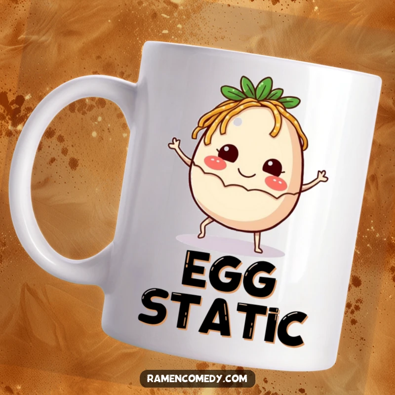 Funny Mug featuring a smiling ramen egg with tiny legs kicking up joyfully.