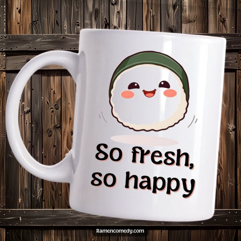 Funny smiling sushi piece performing a playful spin, cute cartoon Japanese food mug.