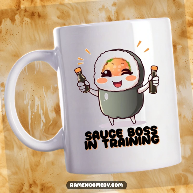 Funny sushi roll character winking playfully while expertly juggling soy sauce bottles, bringing joy to this ceramic mug.