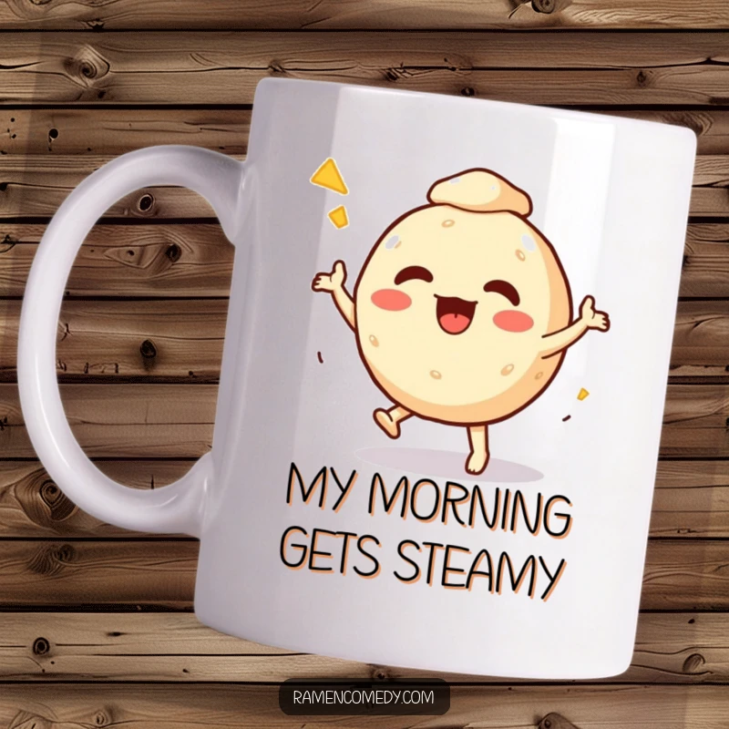 Funny Mug featuring an excited takoyaki ball character doing a cheerful dance, embodying culinary fun and delicious movement.