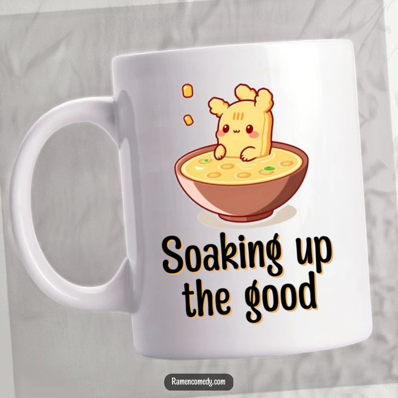 Funny Mug featuring a piece of tempura happily floating in a steaming bowl of broth, embodying comfort and culinary bliss.