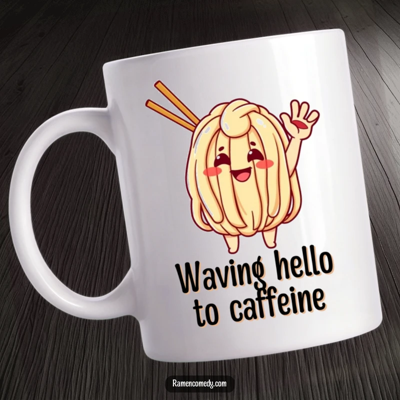 Funny mug featuring a happy udon noodle character enthusiastically waving, celebrating delicious comfort food.