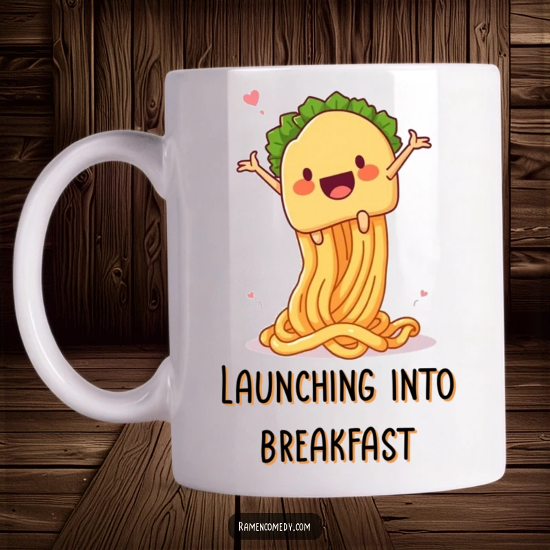 Funny taco noodle launch mug, a taco character gleefully launching from a giant springy noodle, pure food-related comedic fun.