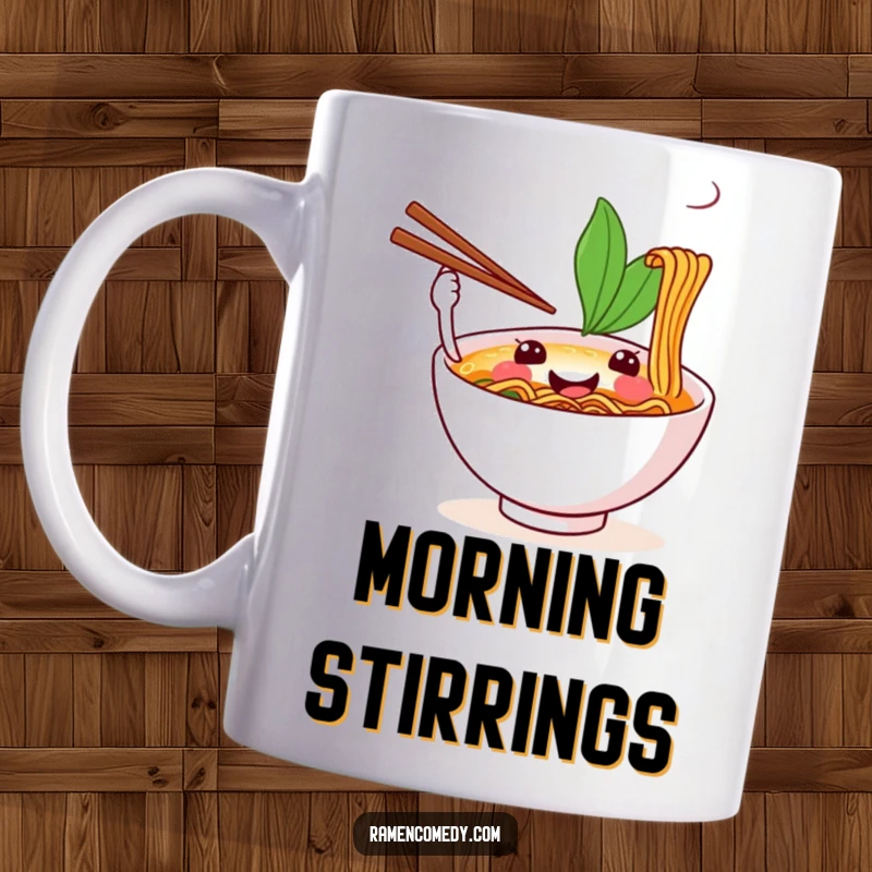Funny mug depicting a smiling ramen bowl joyfully juggling chopsticks with impressive skill and flair.