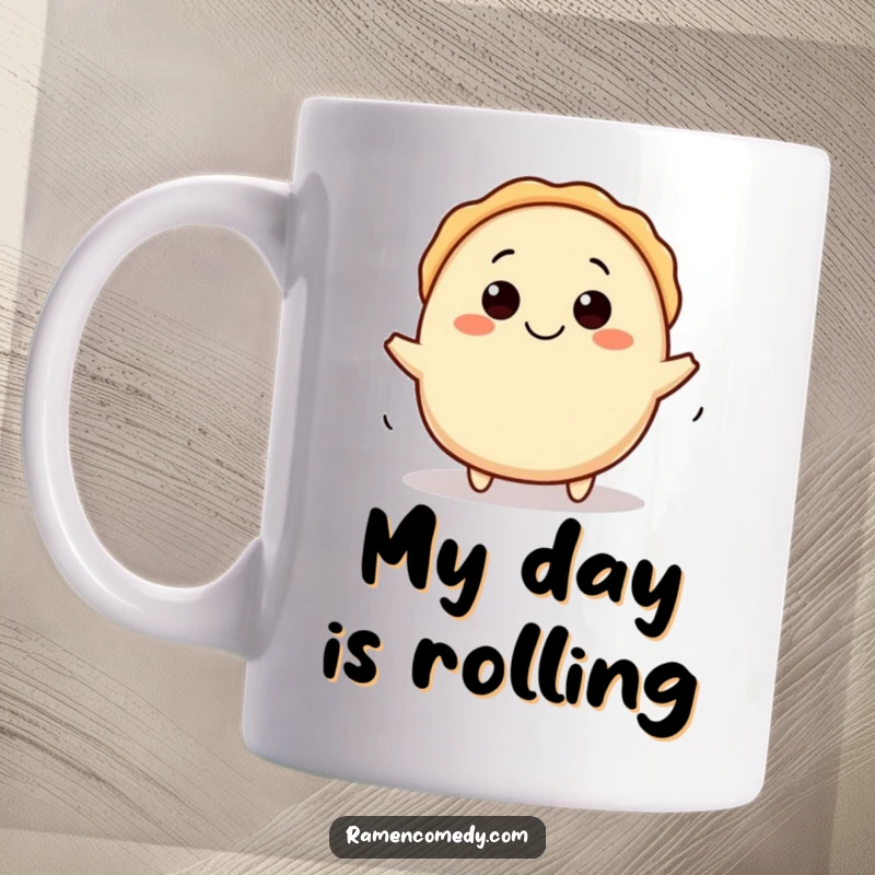 Funny gyoza mug with a happy character cheerfully rolling across it, bringing joy to your coffee break.