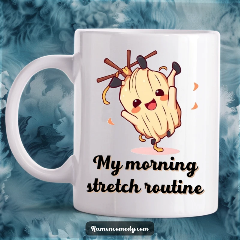 Funny ramen noodle character performing a joyful somersault, depicted on a ceramic mug, ready to bring laughter.