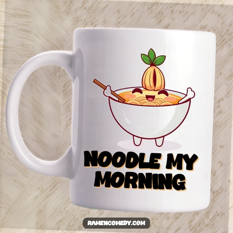 Funny mug featuring a cheerful ramen bowl character waving hello with chopsticks as arms, brimming with warmth.