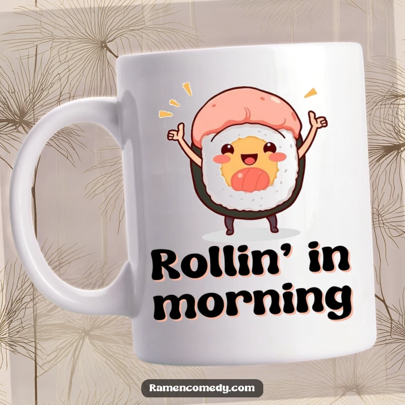 Funny mug with a smiling sushi roll character joyfully dancing, spreading delicious vibes with every sip.
