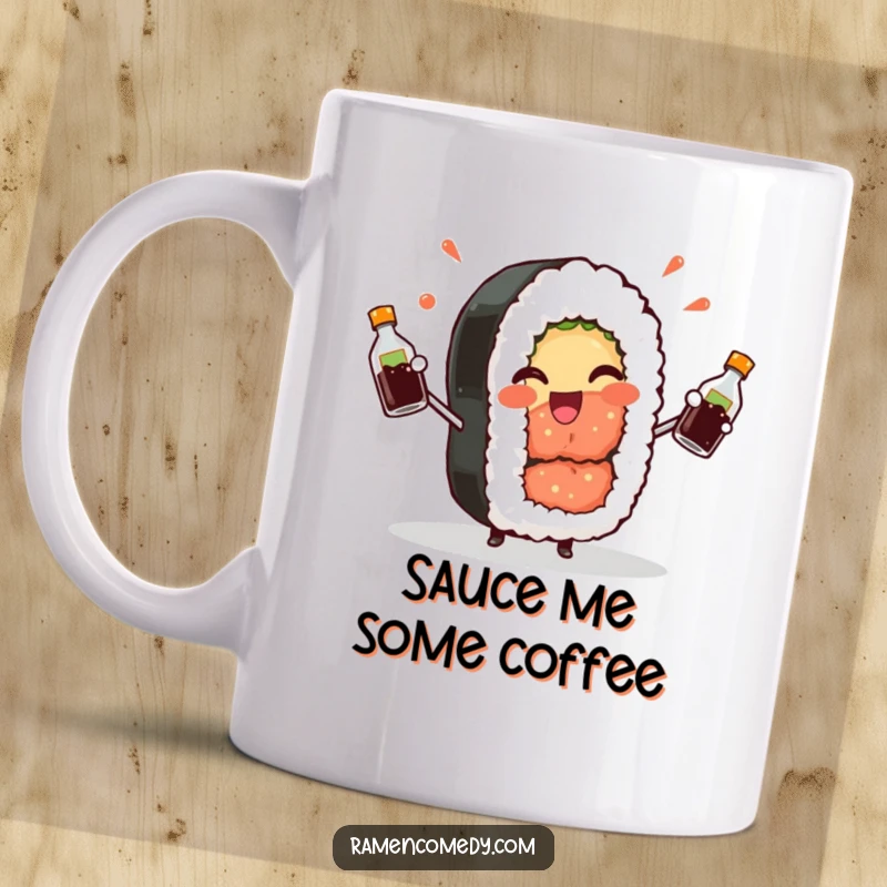 Funny Sushi Roll Mug: A cheerful sushi roll winks playfully while juggling soy sauce bottles, bringing fun pun humor.