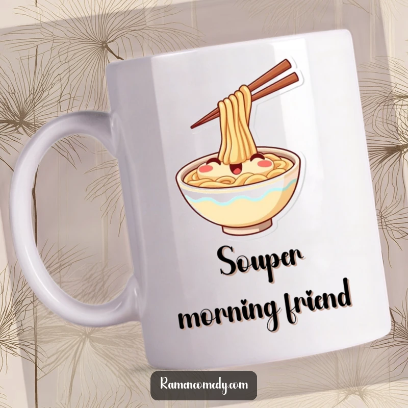 Funny mug showcasing a joyful bowl of ramen with chopsticks in hand, waving hello with a big, happy smile.