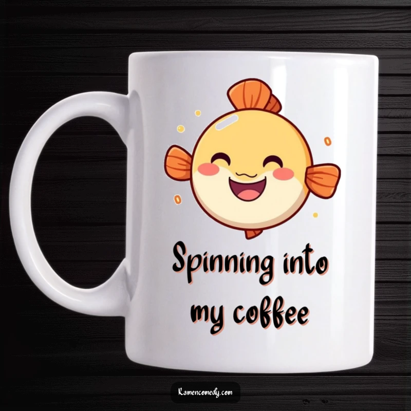 Funny narutomaki fish cake mug, cheerful grin, spinning character, cute ramen topping art.