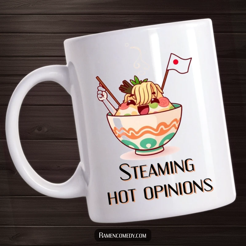 Funny ramen bowl character with steam rising, excitedly waving a flag on this cheerful and humorous mug.