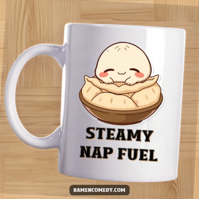 Funny happy gyoza character with a satisfied smile, peacefully napping on a steaming pile, featured on this cozy mug.