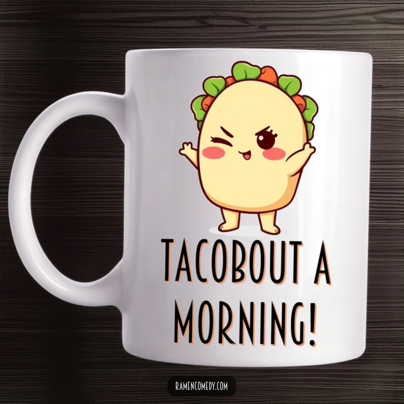 Funny cute taco character striking a confident pose and winking, cartoon Mexican food mug.
