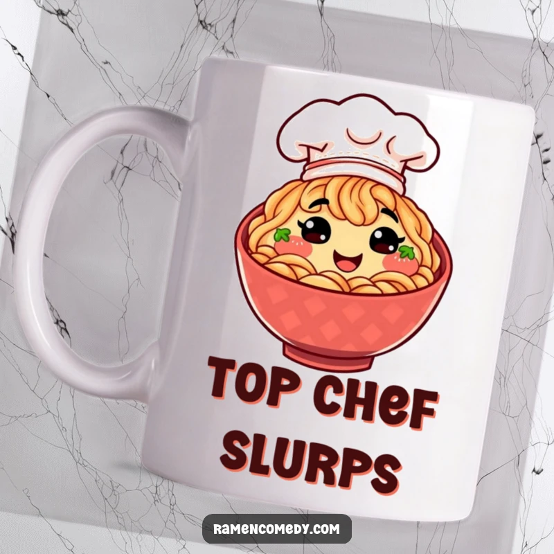 Funny smiling bowl of steaming ramen noodles wearing a tiny chef hat, ready to cook up some fun.
