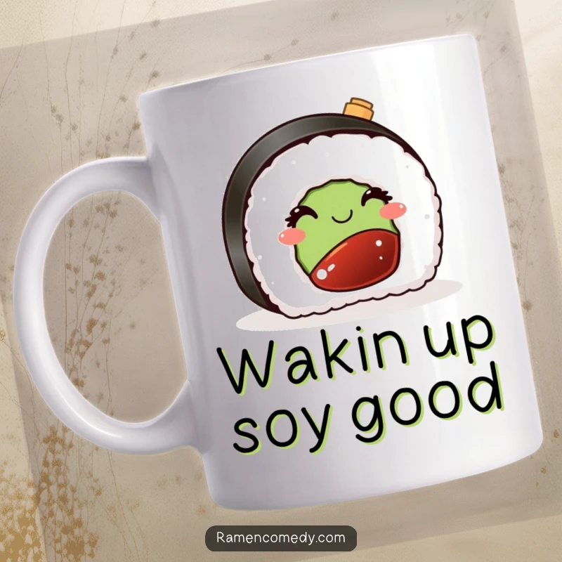 Funny mug with a cute sushi piece winking mischievously next to a miniature soy sauce bottle, exuding playful charm.