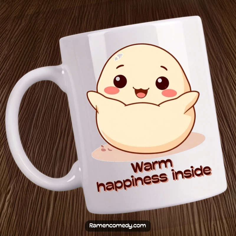 Funny cheerful dumpling rolling with delight towards the viewer, cute cartoon food mug.