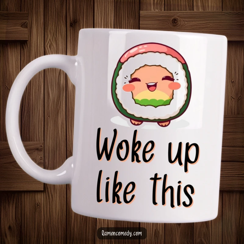 Funny mug featuring a cheerful sushi roll character giving a playful wink, embodying a mischievous and delightful personality.