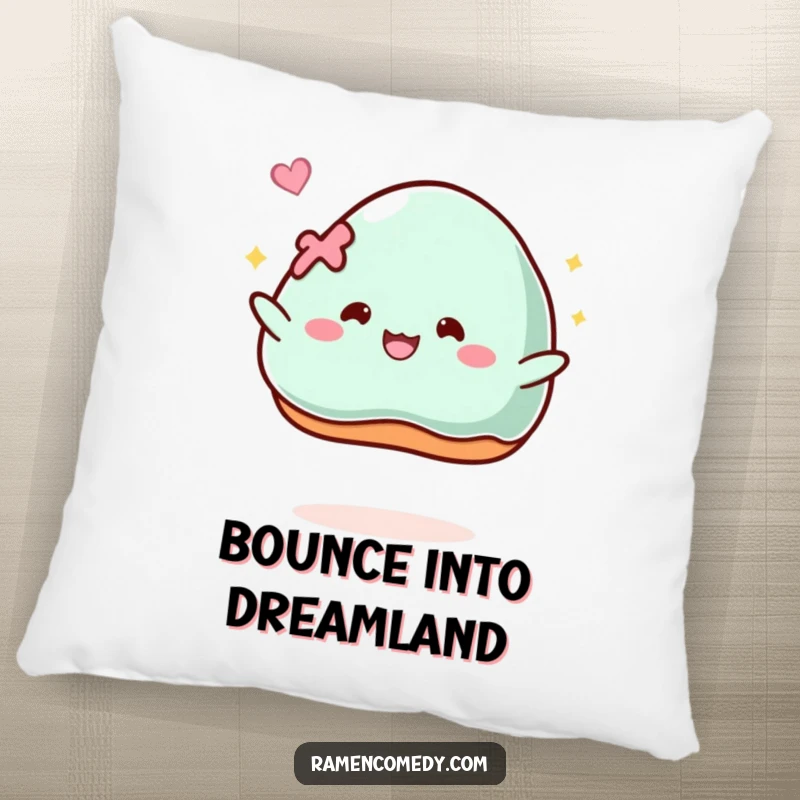 Funny Pillow: A piece of mochi bounces energetically with glee, offering comfort and a touch of sweet humor.