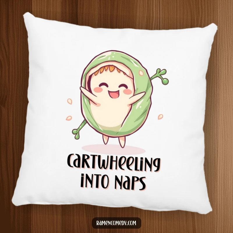 Funny Pillow: A grinning seaweed wrap comically does a cartwheel, offering comfort and a touch of playful humor.