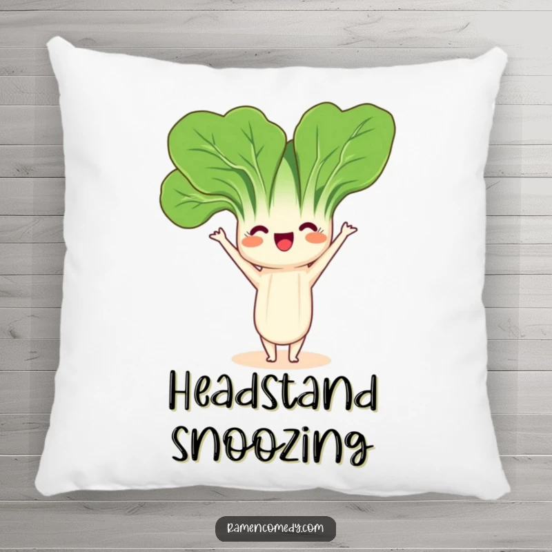 Funny Bok Choy Headstand Pillow with a friendly bok choy character playfully balancing in a headstand, offering comfort and calm.