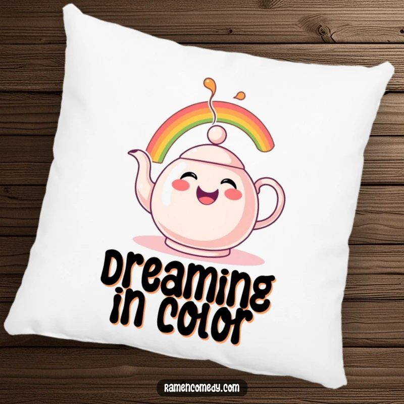 Funny Rainbow Teapot Pillow with a cheerful teapot character comically spouting a vibrant rainbow, offering comfort and whimsy.