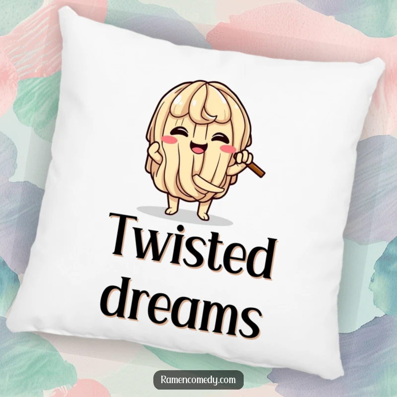 Funny Ramen Knot Pillow with a happy ramen noodle character comically tying itself into a knot, offering comfort and humor.
