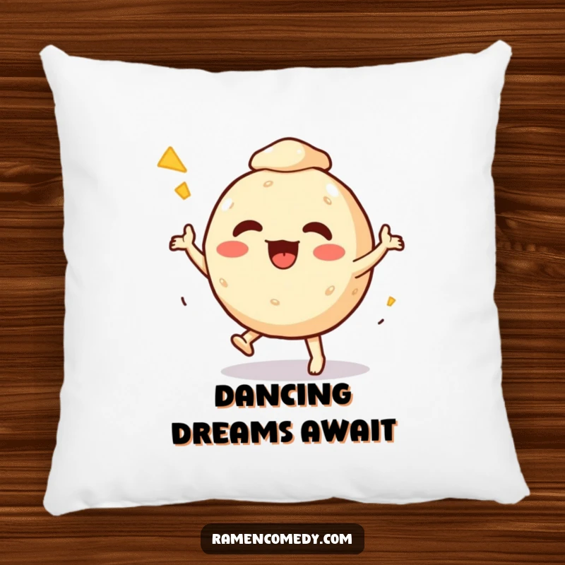 Funny Pillow featuring an energetic takoyaki ball character doing a cheerful dance, offering comfort and a dose of street food humor.