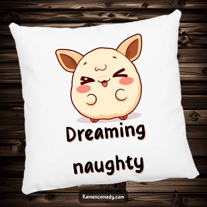 Funny gleeful gyoza pillow, a soft cushion showing a dumpling character winking, perfect for cozying up with a playful vibe.