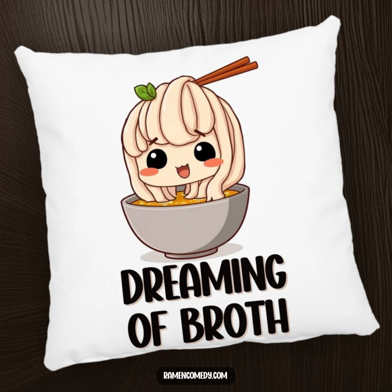 Funny Pillow: A happy udon noodle comically sneaks a sip of broth, offering comfort and a touch of noodle humor.