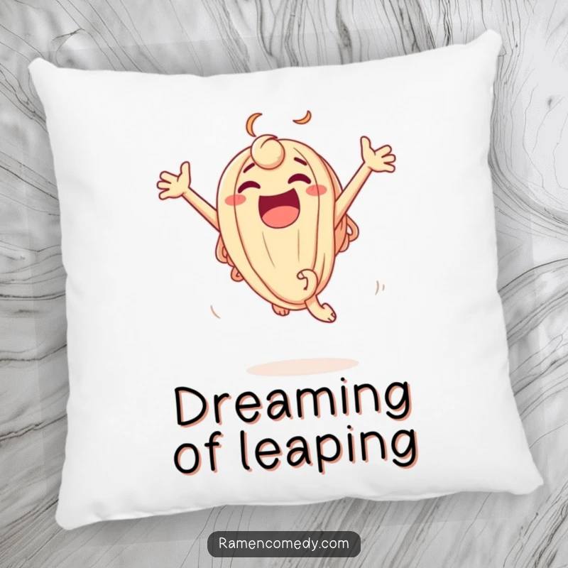 Funny Pillow adorned with an excited udon noodle character leaping playfully, offering cozy comfort and a humorous accent.
