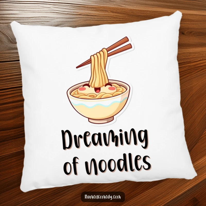 Funny pillow design featuring a cheerful ramen bowl happily waving with chopsticks, combining comfort with a delicious dose of humor.