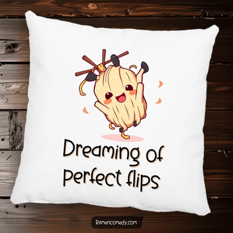 Funny ramen noodle character executing a playful somersault on a soft pillow, perfect for adding cheer.
