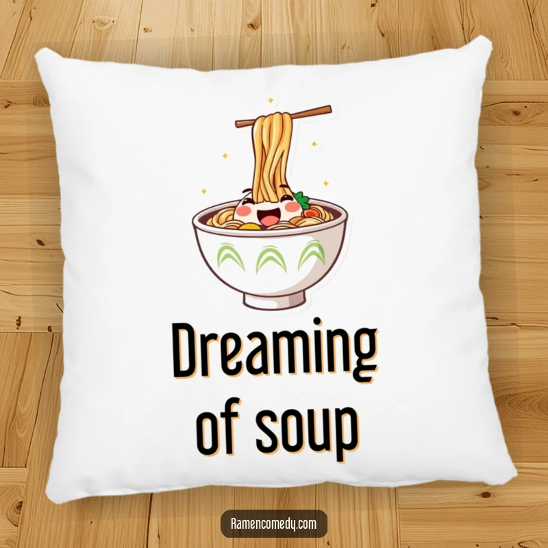 Funny Pillow with a steaming ramen bowl and a happy face jumping out, offering comfort and a touch of culinary cheer.