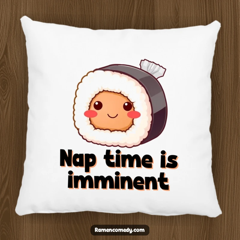 Funny sushi roll pillow, bashful smile peeking from soy sauce, cute Japanese food cushion.