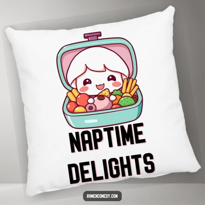 Funny bento box pillow with a happy bento box character opening to reveal a colorful assortment of tasty food, cute and comforting.