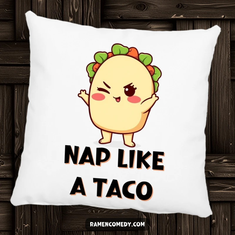 Funny cute taco character posing confidently with a wink, soft and decorative cartoon food pillow.