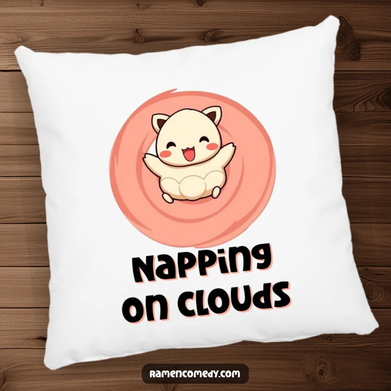 Funny pillow design featuring a cheerful dumpling happily hopping on a naruto swirl, combining comfort with a delicious dose of humor.