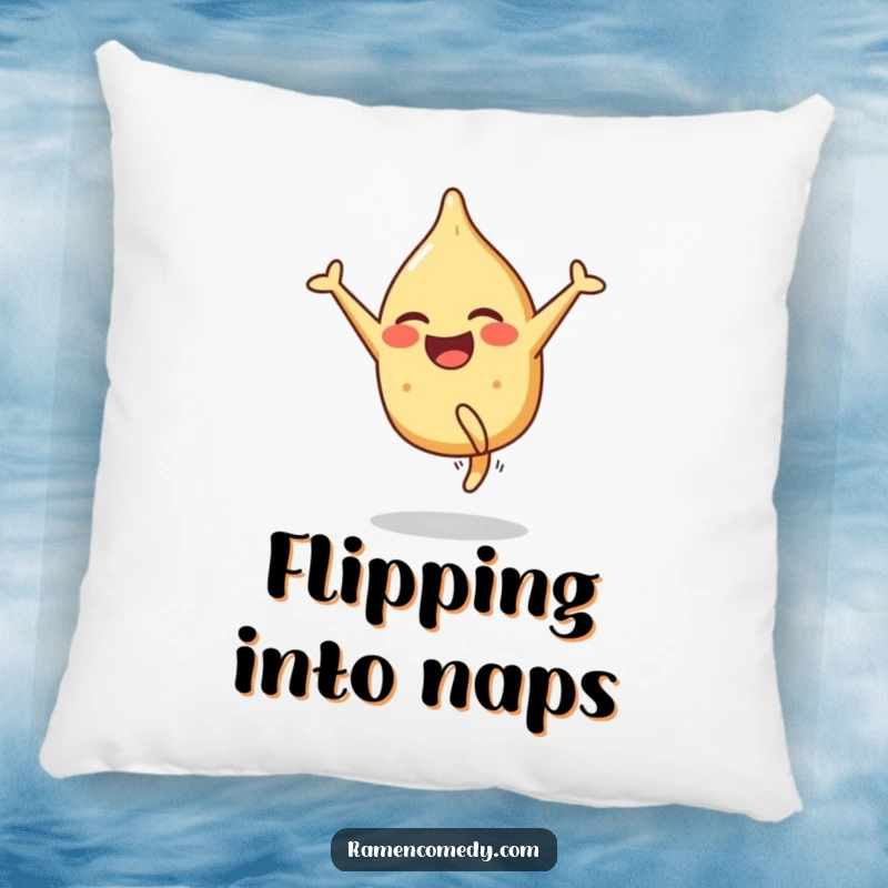 Funny pillow designed with a smiling gyoza character performing a cartwheel with glee, perfect for a playful accent.
