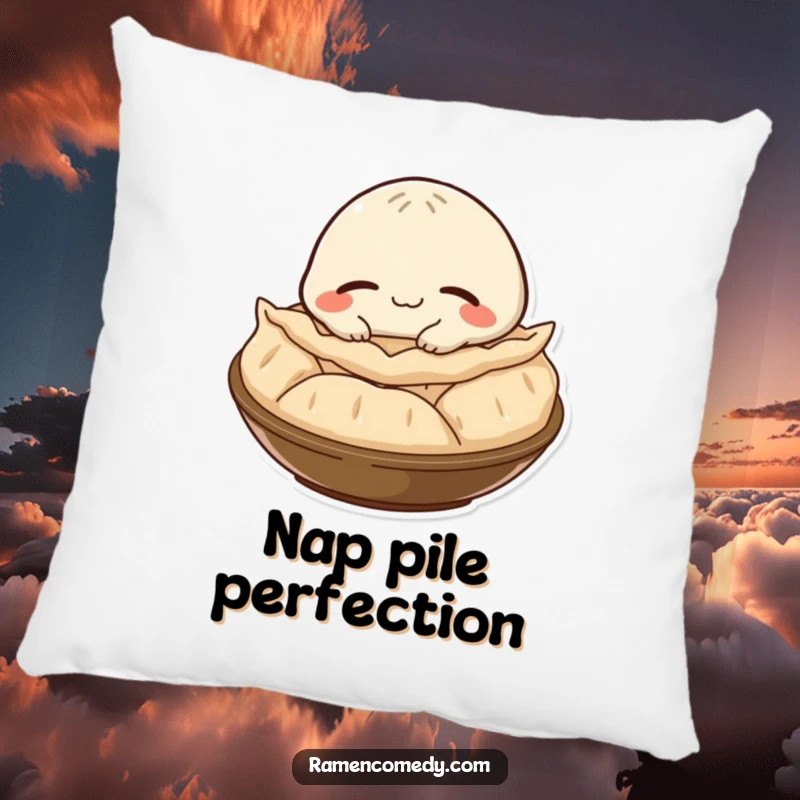 Funny gyoza character with a satisfied smile, napping on a steaming pile, depicted on a plush and decorative pillow.